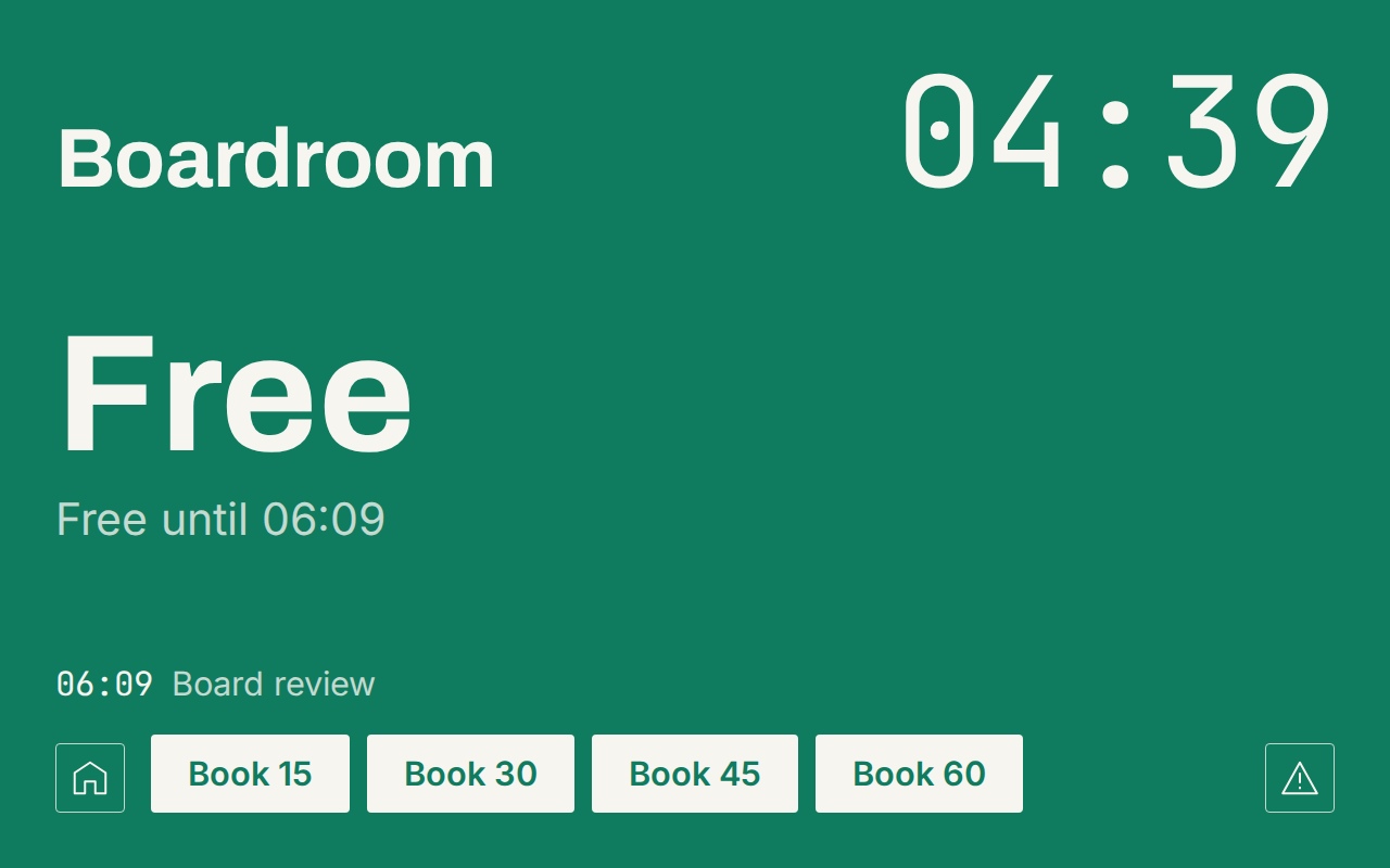 Tablet screen for room Aurora. Large green status Free, next meeting at 14:00, and a Book button.